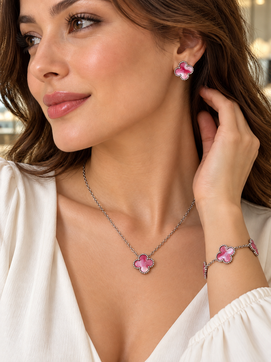 3-teiliges Schmuckset aus Edelstahl mit rosa Blüten