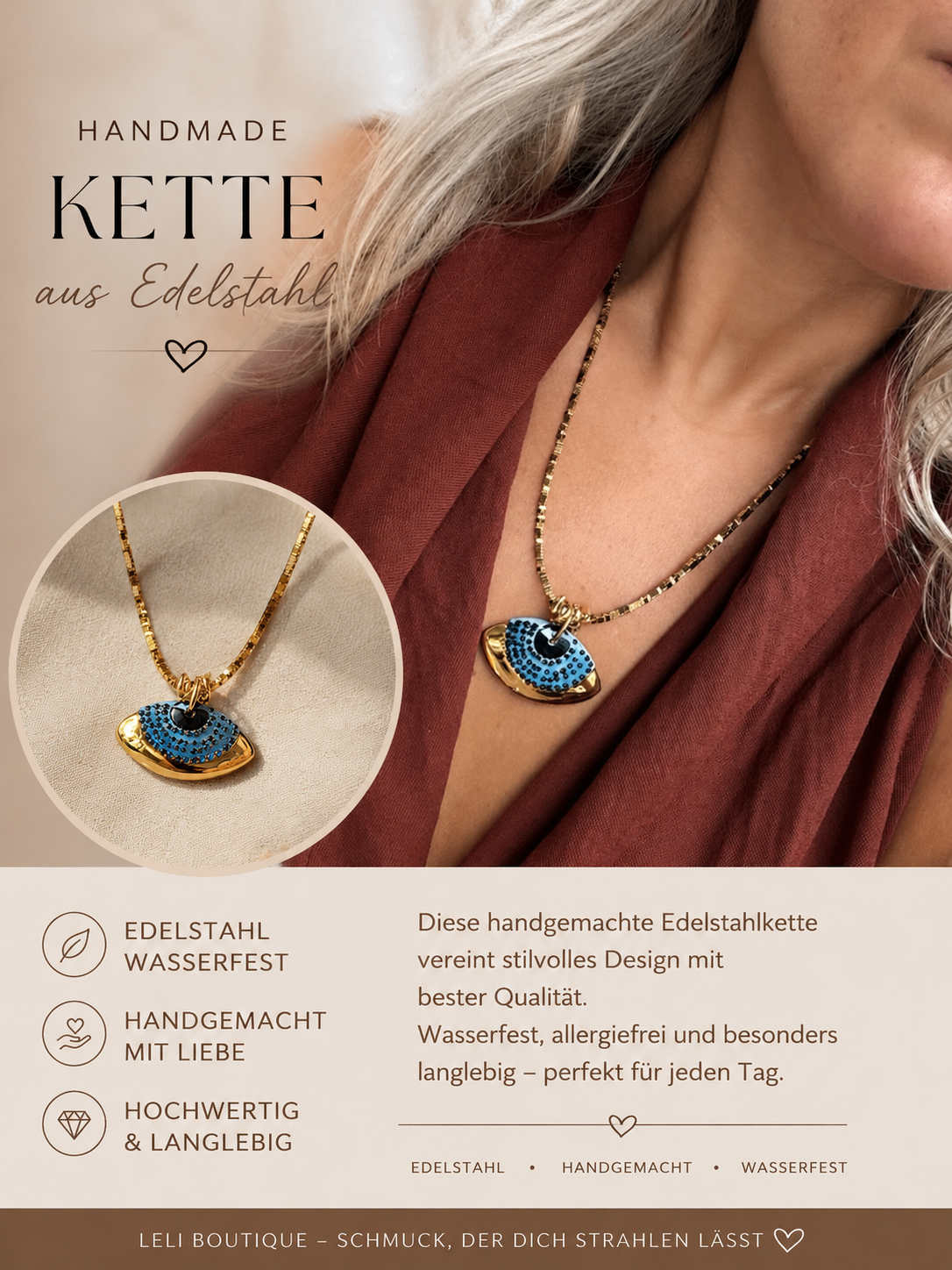 Blaue Auge Statement Kette – Edelstahl | Handmade