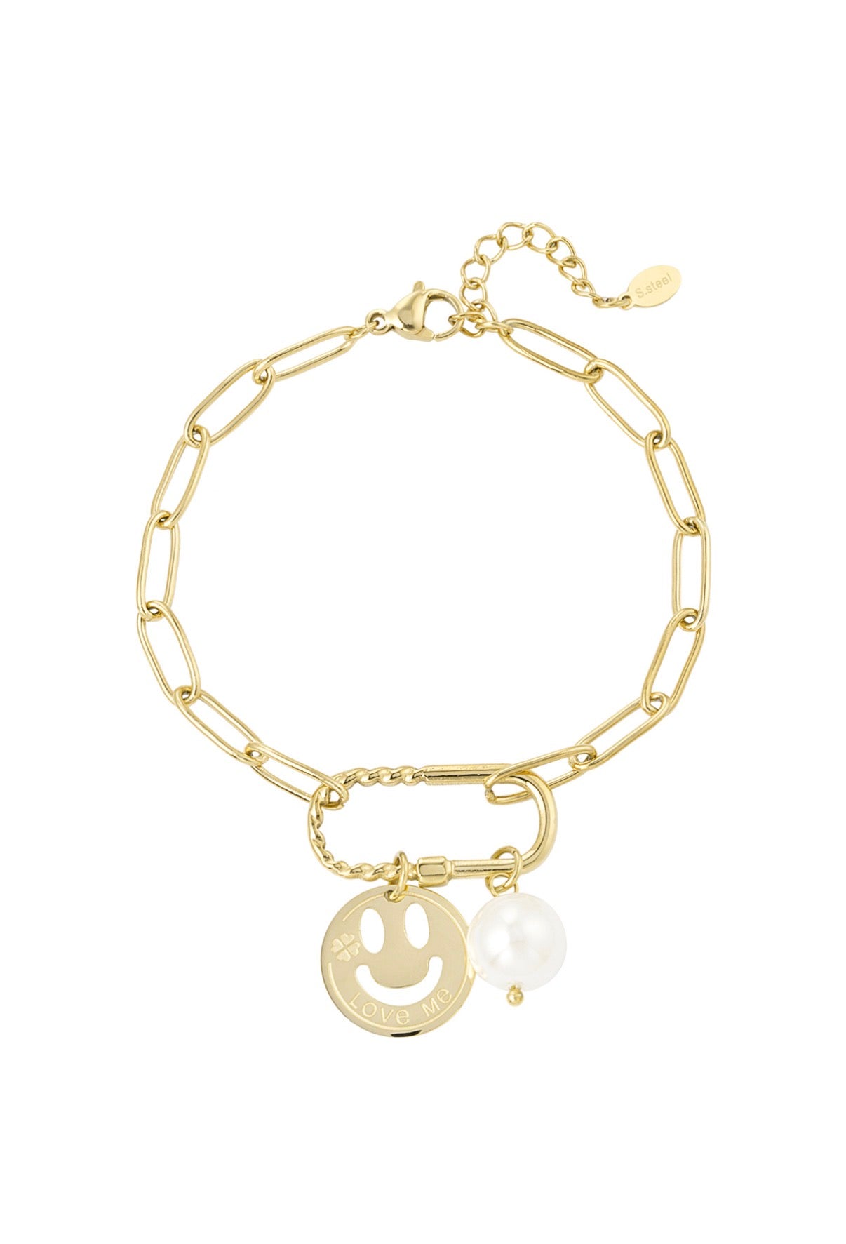 Smiley Charm Armband aus Edelstahl – Goldfarben mit Perlenanhänger