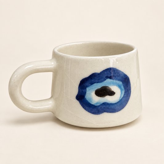 Handgemachte Keramiktasse mit Nazar-Motiv – Creme/Blau
