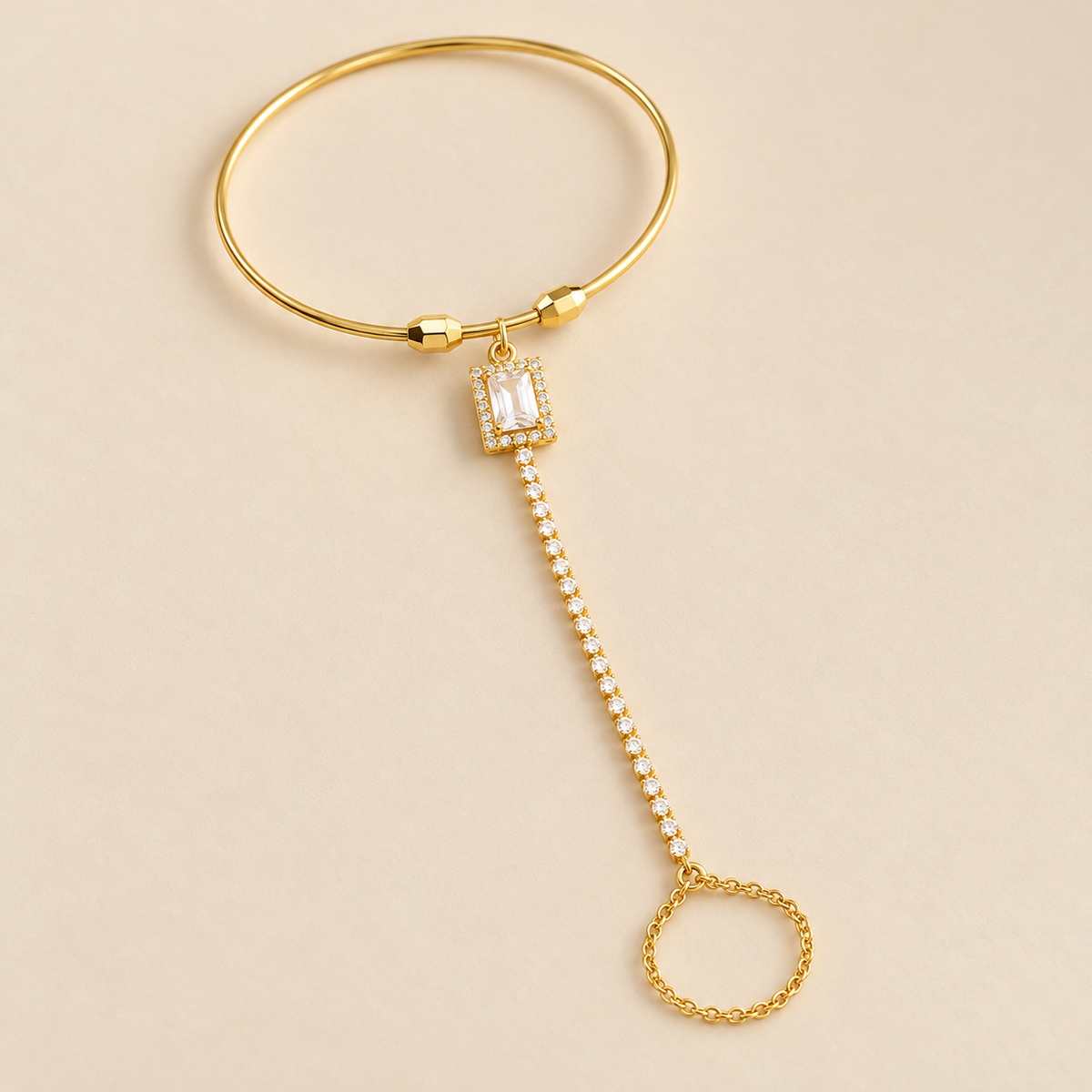 Sahmeran Goldfarbene Handkette mit Armreif und Steinchen