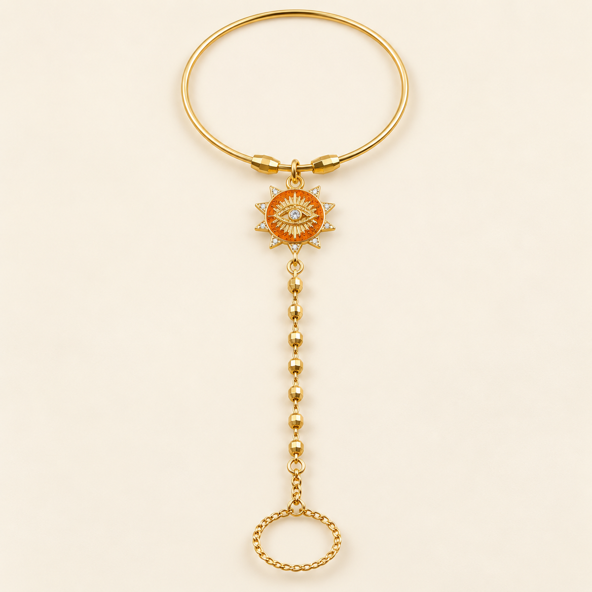 Goldfarbene Şahmeran-Handkette mit Sonnen- und Augenanhänger